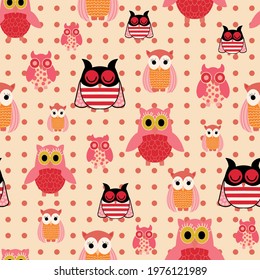 Colourful owls on dotted background repeat pattern