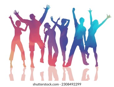 Colourful painted silhouettes of people dancing on a white background