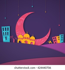 Colourful paper design of Islamic Elements and Desert for Muslim Community Festival Celebration.