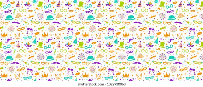 Colourful party and carnival background. Seamless pattern with party icons. Vector.