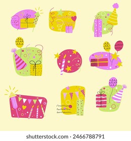Colourful party stickers with texture. Handdrawn vector design with doodle party hats, gift boxes, garlands, flags, fireworks, stars and balloons.