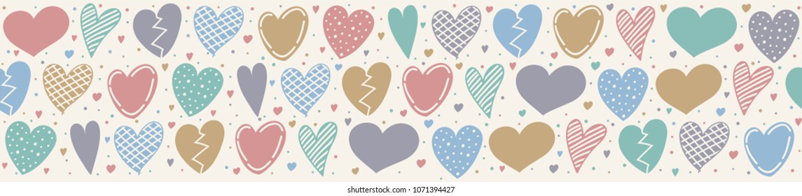 Colourful pastel coloured hearts - cute banner. Vector.