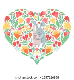 Colourful pastel flower heart with two hugging cute rabbits inside. Wector illustration isolated on white background 