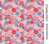 Colourful pattern with american flag, stars, stripes, fireworks. Vector seamless design 4th of July.