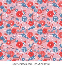 Colourful pattern with american flag, stars, stripes, fireworks. Vector seamless design 4th of July.