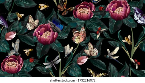 Colourful Pattern with big flowers-peony with branch and big leaves and insects-buterfly, dragonfly, ladybug, bee on black background