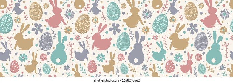 Colourful pattern with decorative eggs, bunnies and flowers. Easter background. Banner. Vector