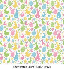 Colourful Pattern With Decorative Eggs, Bunnies And Flowers. Easter Background. Vector