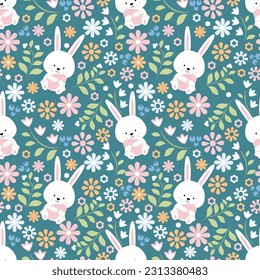 Colourful pattern with decorative eggs, bunnies and flowers. Easter background. Vector