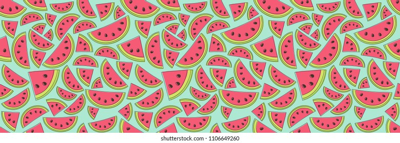 Colourful pattern with hand drawn watermelons. Vector.