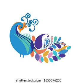 Colourful peacock with paisley and coil shapes 