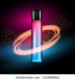 Frasco de perfume colorido con rayos de luz que lo rodean