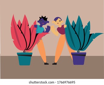Colourful picture of black and white girls looking from behind big plants. Vivid colours and cheerful mood