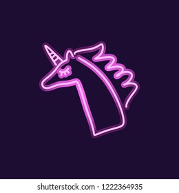 Colourful pink neon light glowing unicorn. Vector illustration. Good for social media post and more.