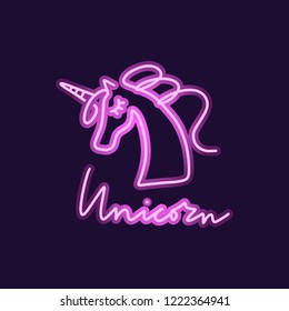 Colourful pink neon light glowing unicorn. Vector illustration. Good for social media post and more.