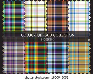 Colourful Plaid textured seamless pattern collection includes 8 designs for fashion textiles and graphics
