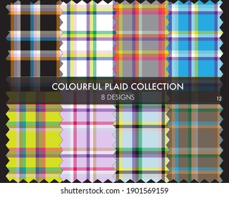 Colourful Plaid textured seamless pattern collection includes 8 designs for fashion textiles and graphics