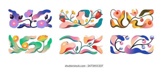 Colourful plants, leaves in gradient style set. Botanic decoration. Modern flowers, twisted foliage, futuristic grass. Abstract flora, nature. Flat isolated vector illustrations on white background