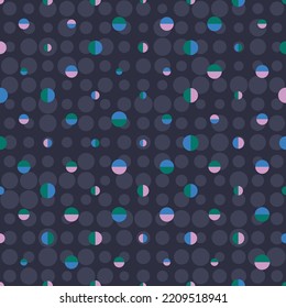 Colourful Polka-Dots on a dark purple background - seamless vector pattern. Elegant geometric texture with tiled circles and semicircles. Great for fashion, home decor and wallpaper. 