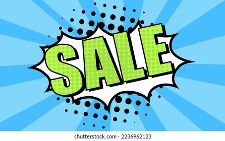 Colourful pop art comic illustration of the sale sign. Dots retro background advertising.