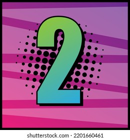 Colourful pop art style math symbol of a number two "2". Hand-drawn vector illustration.
