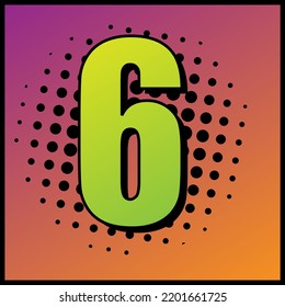 Farbiges Pop-Art-Mathe-Symbol einer Nummer sechs "6". Handgezeichnete Vektorgrafik.