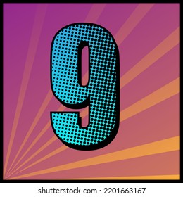 Colourful pop art style math symbol of a number nine "9". Hand-drawn vector illustration.