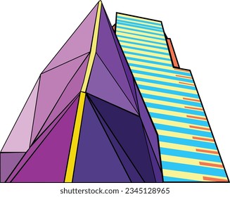 Colorida ilustración vectorial de estilo pop de dos edificios arquitectónicos contrastantes desde la perspectiva del suelo. Gráfico del paisaje urbano de caricaturas