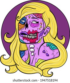 Colourful pop-art comic zombie woman. Print for t-shirt, sticker etc. Hand-drawn vector illustration.