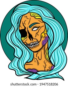 Colourful pop-art comic zombie woman. Print for t-shirt, sticker etc. Hand-drawn vector illustration.