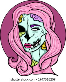 Colourful pop-art comic zombie woman. Print for t-shirt, sticker etc. Hand-drawn vector illustration.