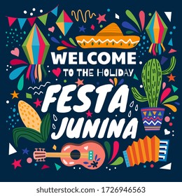 Colourful poster design for the Festa Junina holiday celebrations dedicated to St John the Baptist in Brazil, colored vector illustration