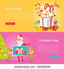 Colourful poster of pictures with best presents and Christmas sale. Vector illustrations of gift boxes and one open with hearts inside. Banner with santa Claus and elves holding gadget near spruce.