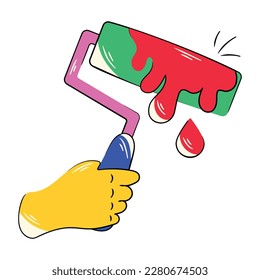 Colourful premium flat sticker of a hand holding paint roller