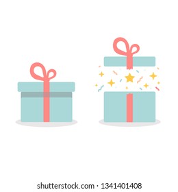 colourful present boxes. Surprise in the box. Vector. Gift box. Sparkles and stars inside. Holiday card
