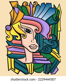 Colorido arte de línea geométrica psicodélica con la pintura abstracta de la cara. Dibujos y líneas abstractos de arte vectorial a mano.