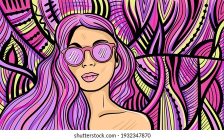 Colourful psychedelic line art with the abstract woman. Doodles and lines abstract hand-drawn vector art.