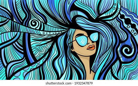 Colourful psychedelic line art with the abstract woman. Doodles and lines abstract hand-drawn vector art.