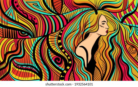 Colourful psychedelic line art with the abstract woman. Doodles and lines abstract hand-drawn vector art.