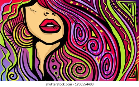 Colourful psychedelic line art with the abstract woman. Doodles and lines abstract hand-drawn vector art.