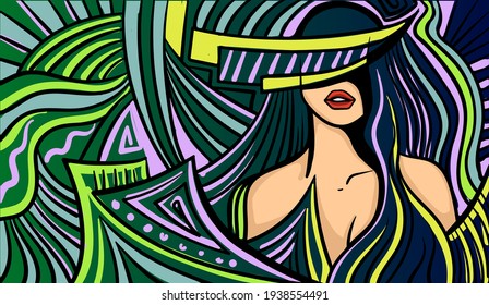 Colourful psychedelic line art with the abstract woman. Doodles and lines abstract hand-drawn vector art.