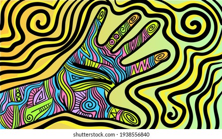 Colourful psychedelic line art with the abstract palm print, handprint. Doodles and lines abstract hand-drawn vector art.