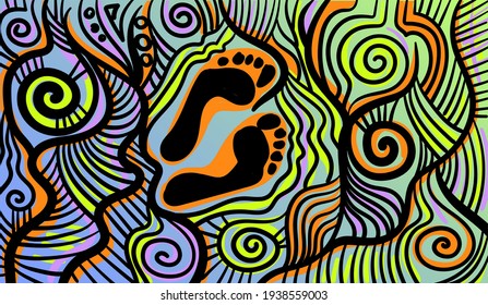 Farbige psychedelische Linienkunst mit abstraktem Fußabdruck. Doodles und Linien abstrakte handgezeichnete Vektorkunst.