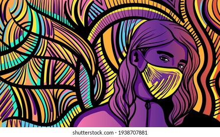 Colourful psychedelic line art with the abstract man. Handsome neon guy. Doodles and lines abstract hand-drawn vector art.