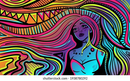 Colourful psychedelic line art with the abstract woman. Doodles and lines abstract hand-drawn vector art illustration.