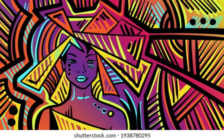 Colourful psychedelic line art with the abstract woman. Doodles and lines abstract hand-drawn vector art illustration.