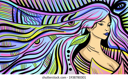 Colourful psychedelic line art with the abstract woman. Doodles and lines abstract hand-drawn vector art illustration.