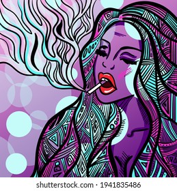 Colourful psychedelic line art with the abstract smoking woman. Cigarette illustration. Doodles and lines abstract hand-drawn vector art.