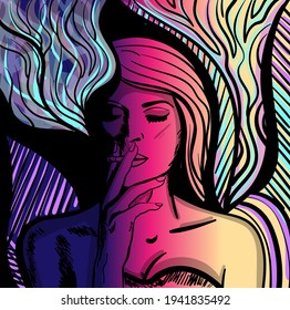 Colourful psychedelic line art with the abstract smoking woman. Cigarette illustration. Doodles and lines abstract hand-drawn vector art.