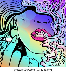 Colourful psychedelic line art with the abstract smoking woman. Sigarette illustration. Doodles and lines abstract hand-drawn vector art.